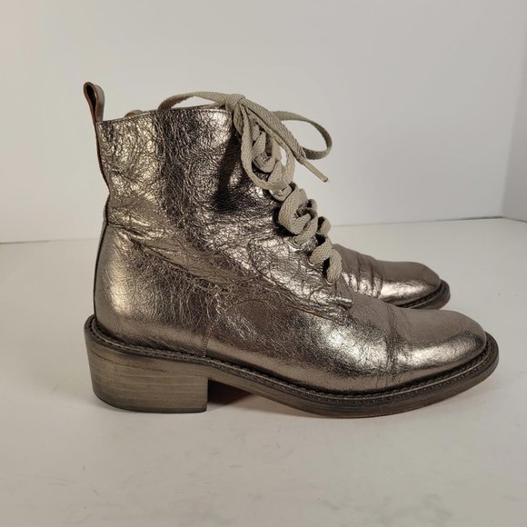 SPACE Styled in France Metallic Taupe Leather Combat Boot Women Sz 6.5 - Picture 3 of 14